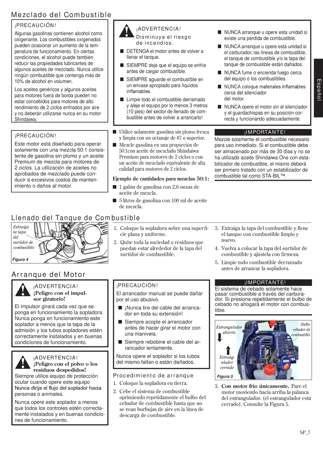 Shindaiwa EB3410/EVC, EB2510/EVC manual Mezclado del Combustible, Llenado del Tanque de Combustible, Arranque del Motor 