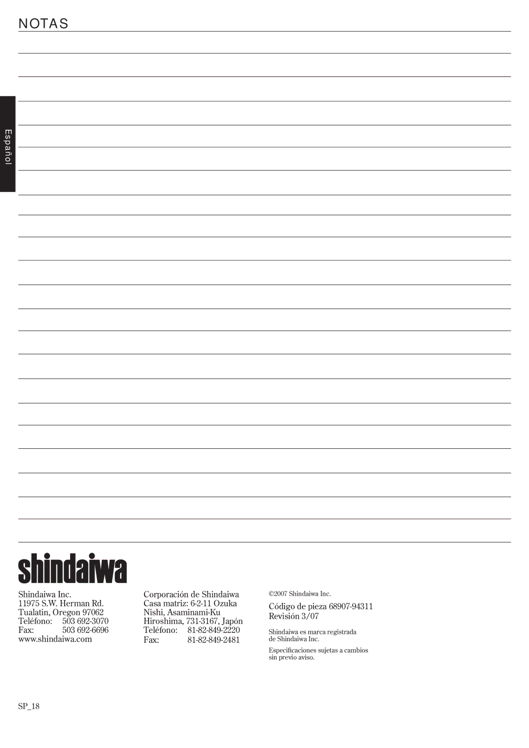 Shindaiwa EB3410/EVC, EB2510/EVC, 68907-94311 manual Shindaiwa Inc Corporación de Shindaiwa 