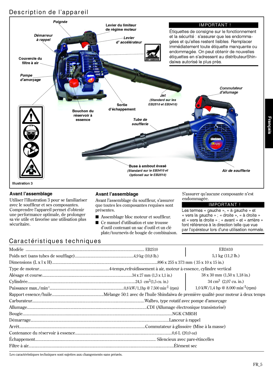 Shindaiwa EB3410/EVC, EB2510/EVC, 68907-94311 Description de l’appareil, Caractéristiques techniques, Avant l’assemblage 