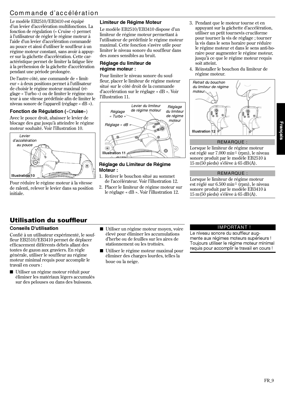 Shindaiwa EB3410/EVC, EB2510/EVC, 68907-94311 manual Commande d’accélération, Utilisation du souffleur 