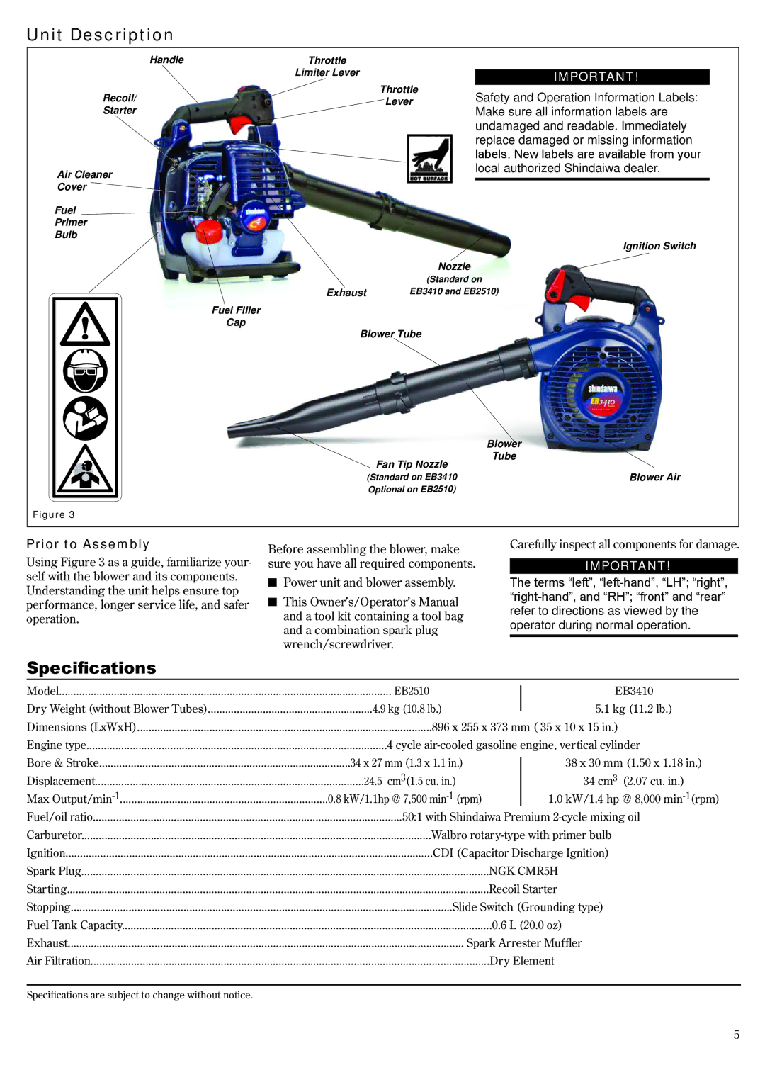 Shindaiwa EB3410/EVC, EB2510/EVC, 68907-94311 manual Unit Description, Specifications, Prior to Assembly 