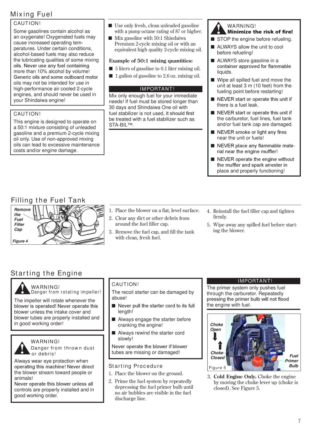 Shindaiwa EB2510/EVC, EB3410/EVC, 68907-94311 Mixing Fuel, Filling the Fuel Tank, Starting the Engine, Starting Procedure 