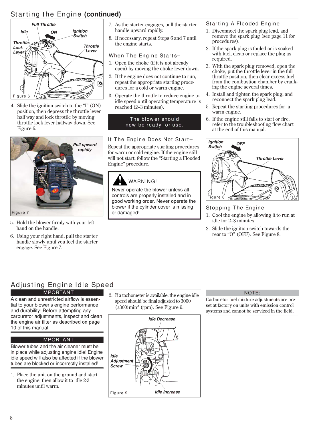 Shindaiwa EB2510 Adjusting Engine Idle Speed, When The Engine Starts, If The Engine Does Not Start, Stopping The Engine 