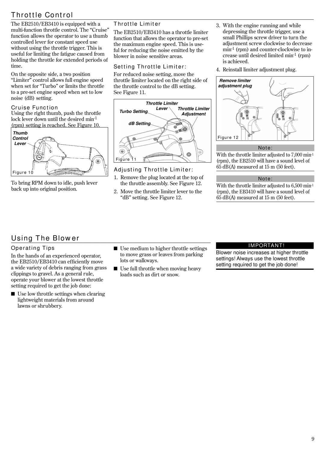 Shindaiwa 68907-94311, EB3410/EVC, EB2510/EVC manual Throttle Control, Using The Blower 