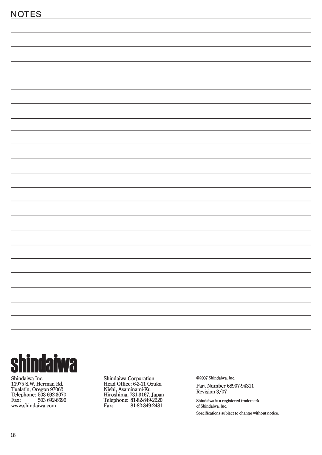 Shindaiwa EB3410/EVC, EB2510/EVC, 68907-94311 manual Notes, Shindaiwa Inc 
