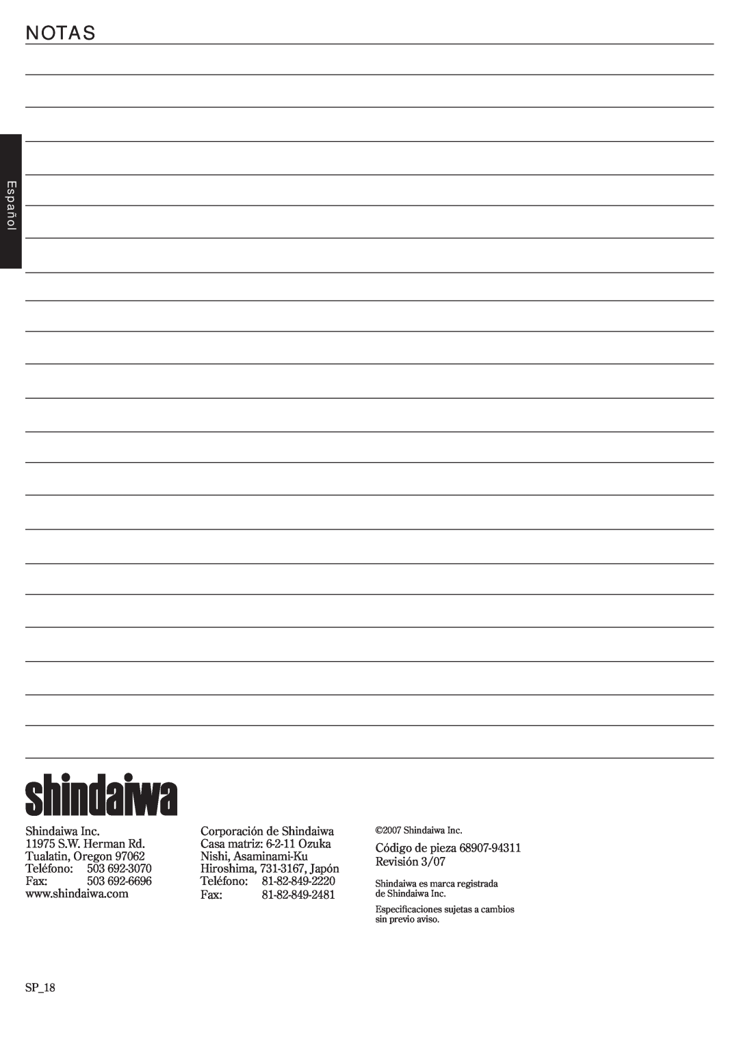Shindaiwa EB3410/EVC, EB2510/EVC, 68907-94311 manual Notas, Español, Shindaiwa Inc 