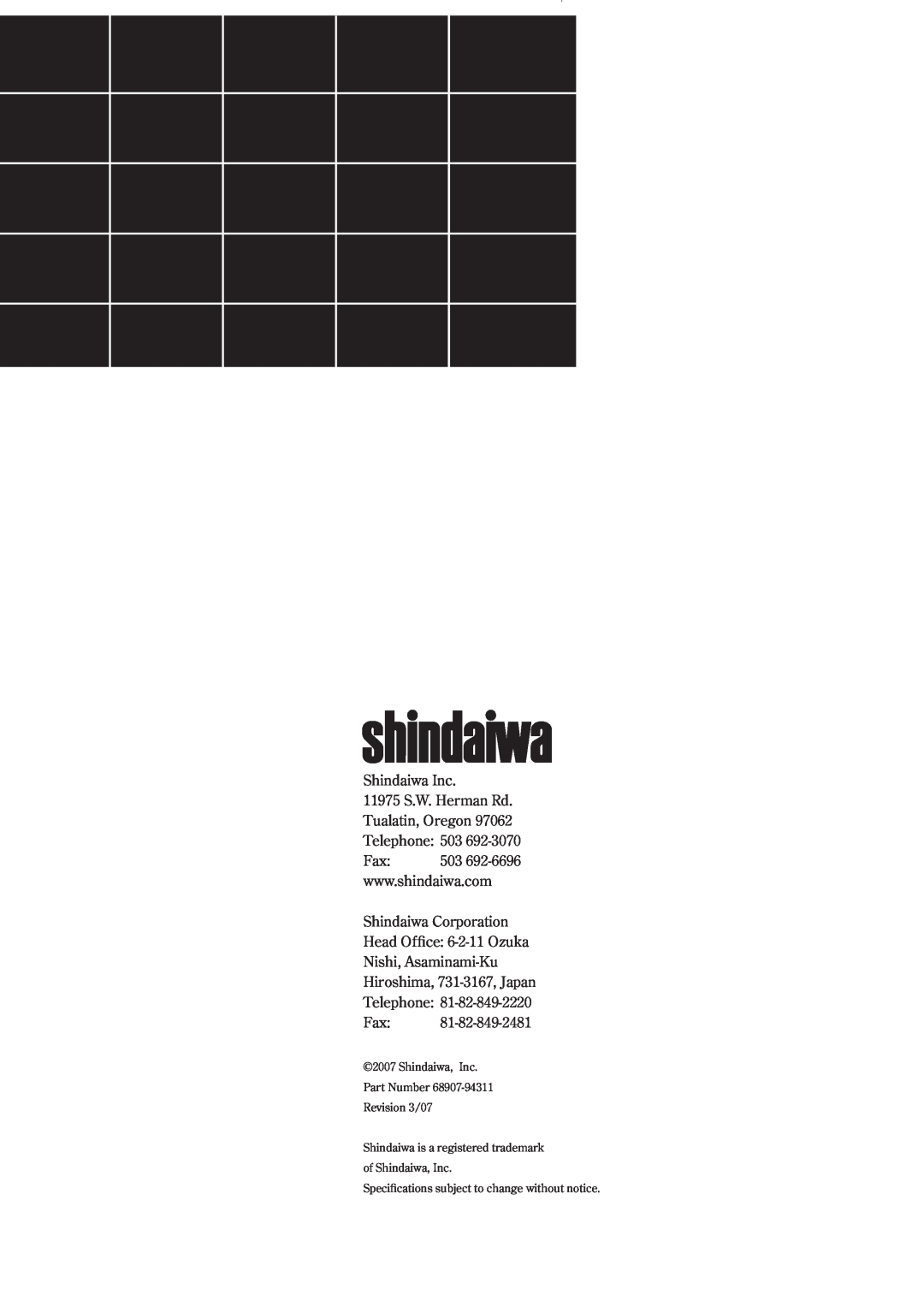 Shindaiwa EB3410/EVC, EB2510/EVC manual Shindaiwa Inc, Shindaiwa Corporation Head Office: 6-2-11Ozuka, Telephone: Fax 
