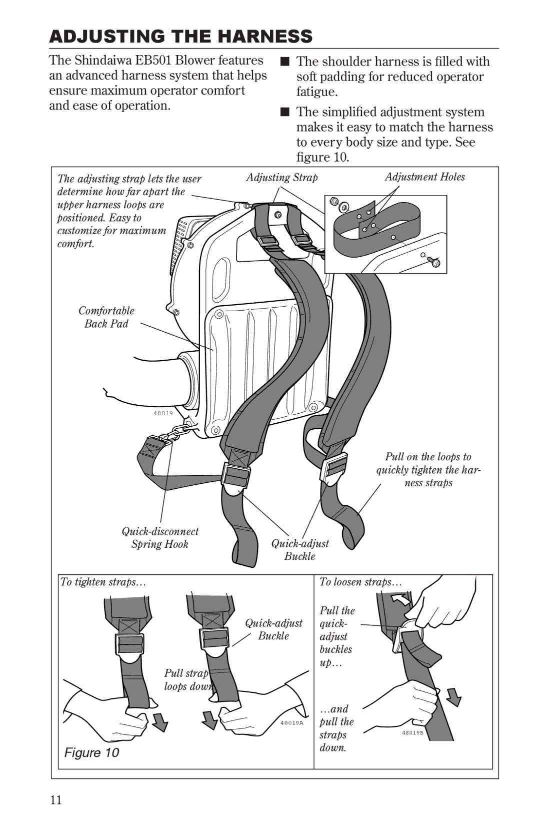 Shindaiwa EB501EPA2, 68232-94011 manual Adjusting the Harness 