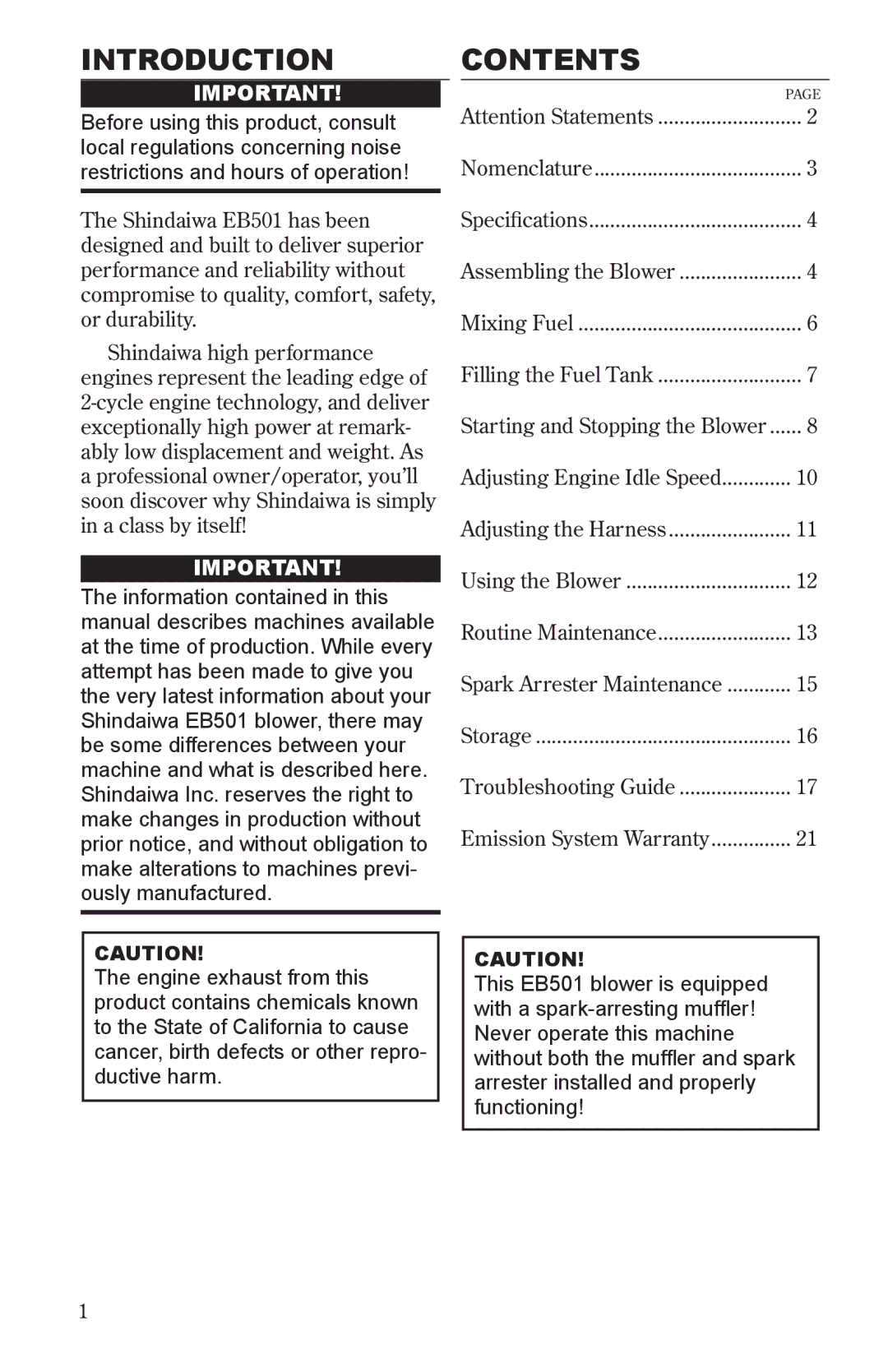 Shindaiwa 68232-94011, EB501EPA2 manual Introduction, Contents 