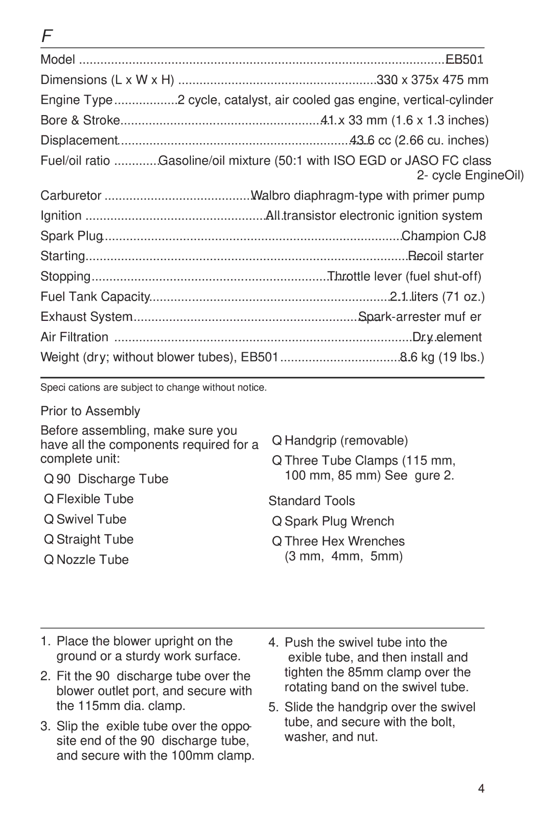 Shindaiwa 68232-94011, EB501EPA2 manual Specifications, Assembling the Blower 