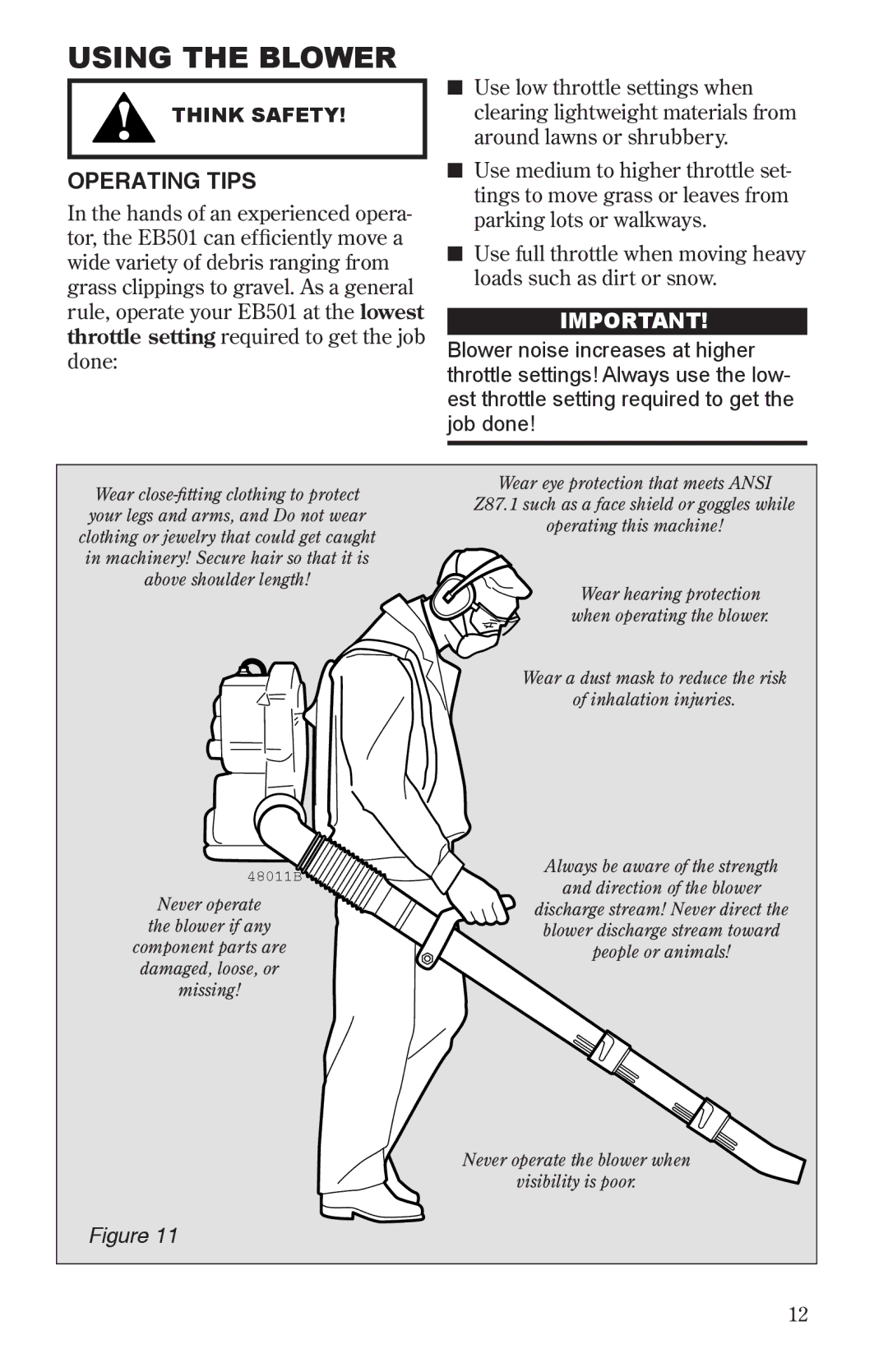 Shindaiwa 68241-94310, EB501/EVC manual Using the Blower, Operating Tips 