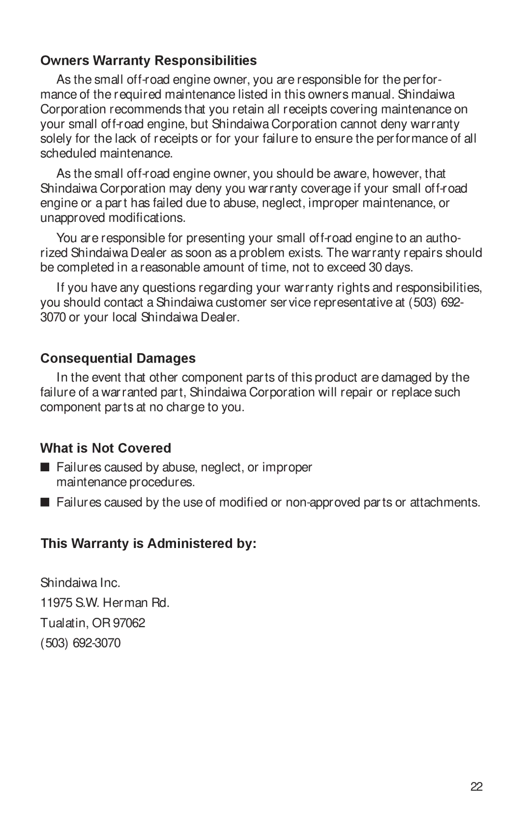 Shindaiwa 68241-94310, EB501/EVC manual Owners Warranty Responsibilities, Consequential Damages, What is Not Covered 