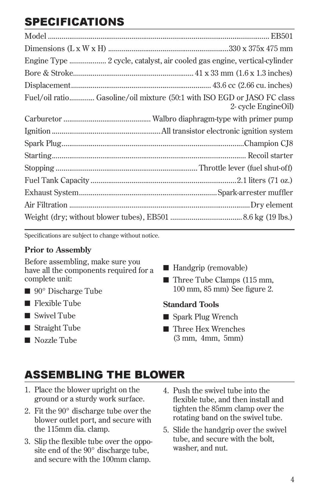 Shindaiwa 68241-94310, EB501/EVC manual Specifications, Assembling the Blower 