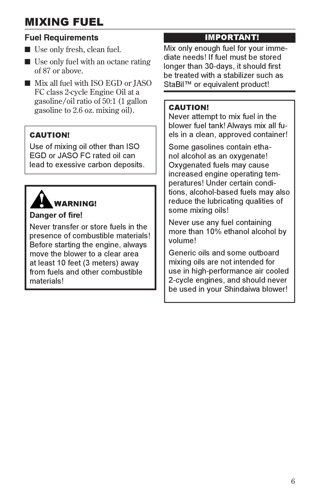 Shindaiwa 68241-94310, EB501/EVC manual Mixing Fuel, Fuel Requirements 