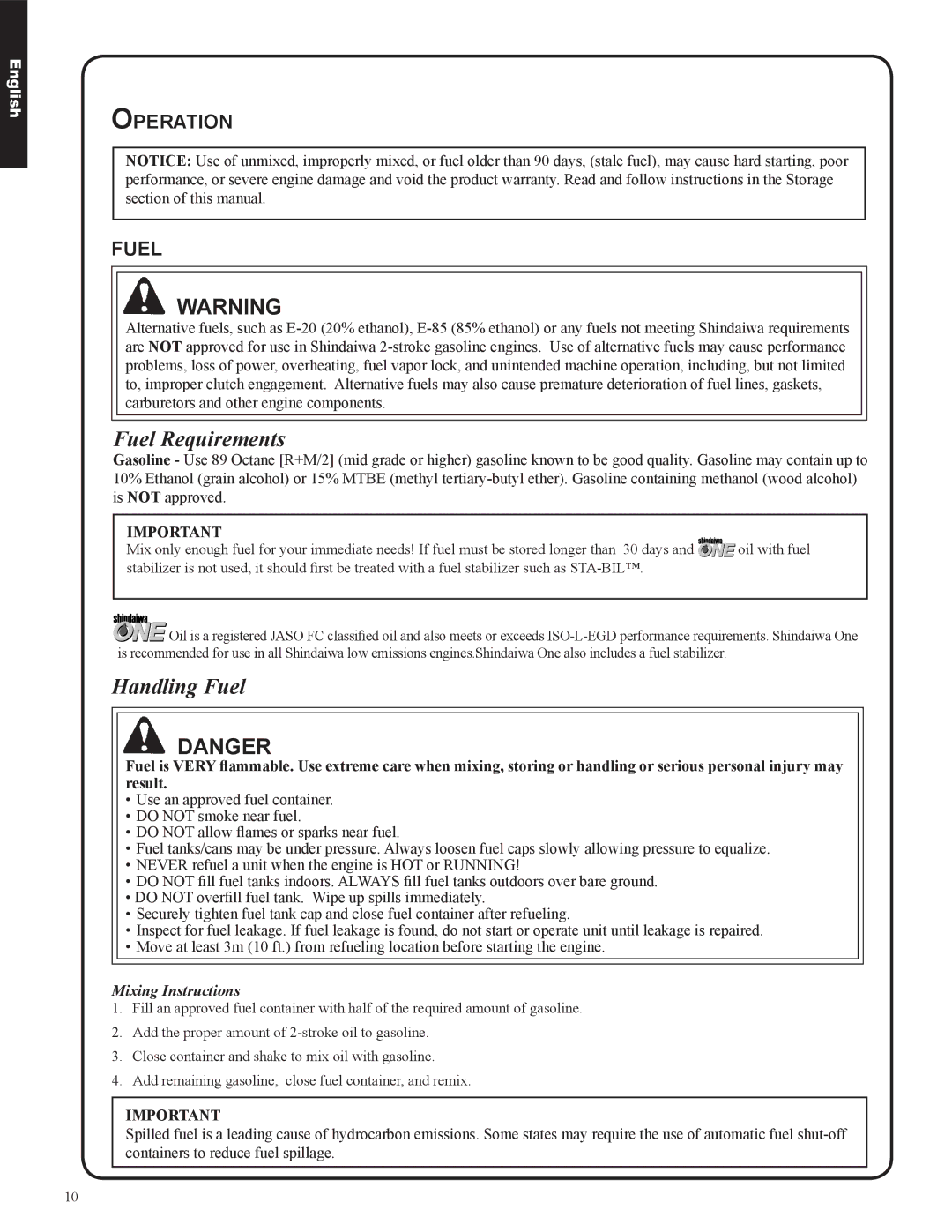 Shindaiwa EB633RT, 82050 manual Fuel Requirements, Handling Fuel, Operation Fuel 