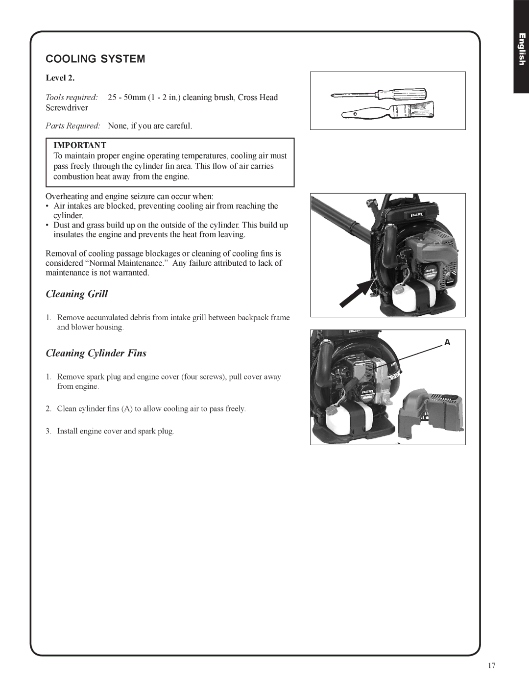 Shindaiwa 82050, EB633RT manual Cooling system, Cleaning Cylinder Fins 