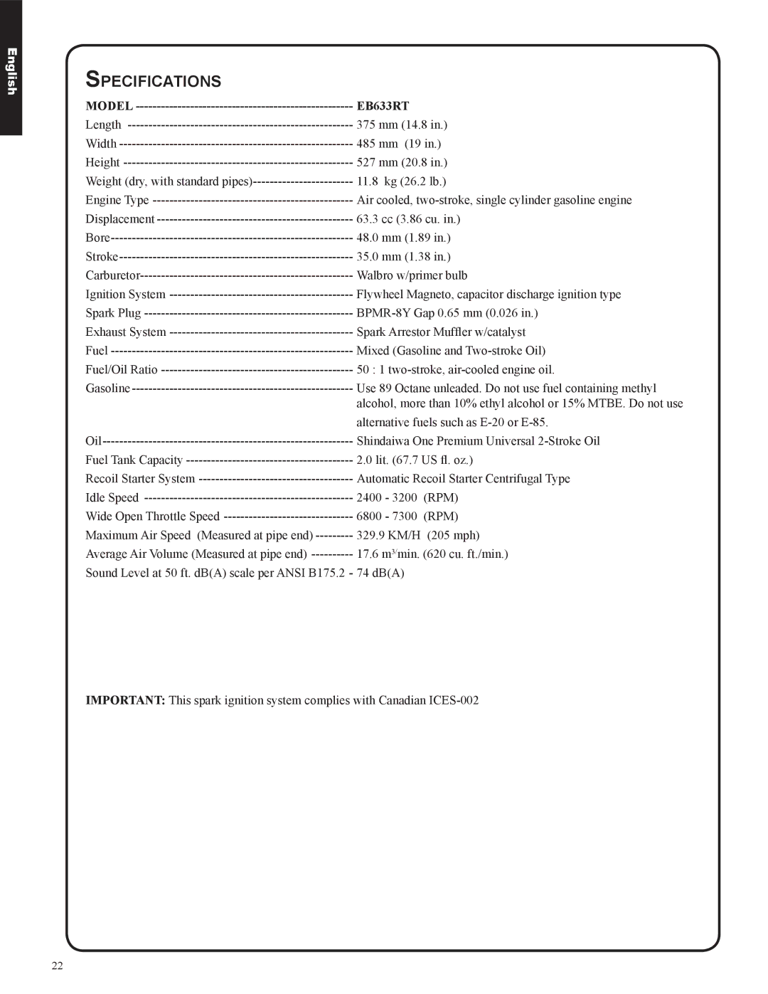 Shindaiwa EB633RT, 82050 manual Specifications 