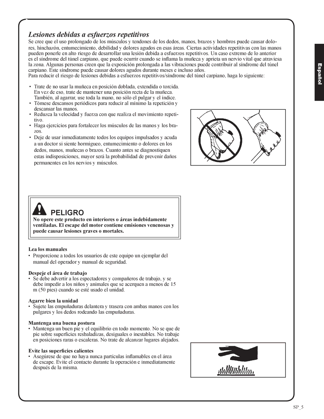 Shindaiwa 82050, EB633RT manual Lesiones debidas a esfuerzos repetitivos, Peligro 