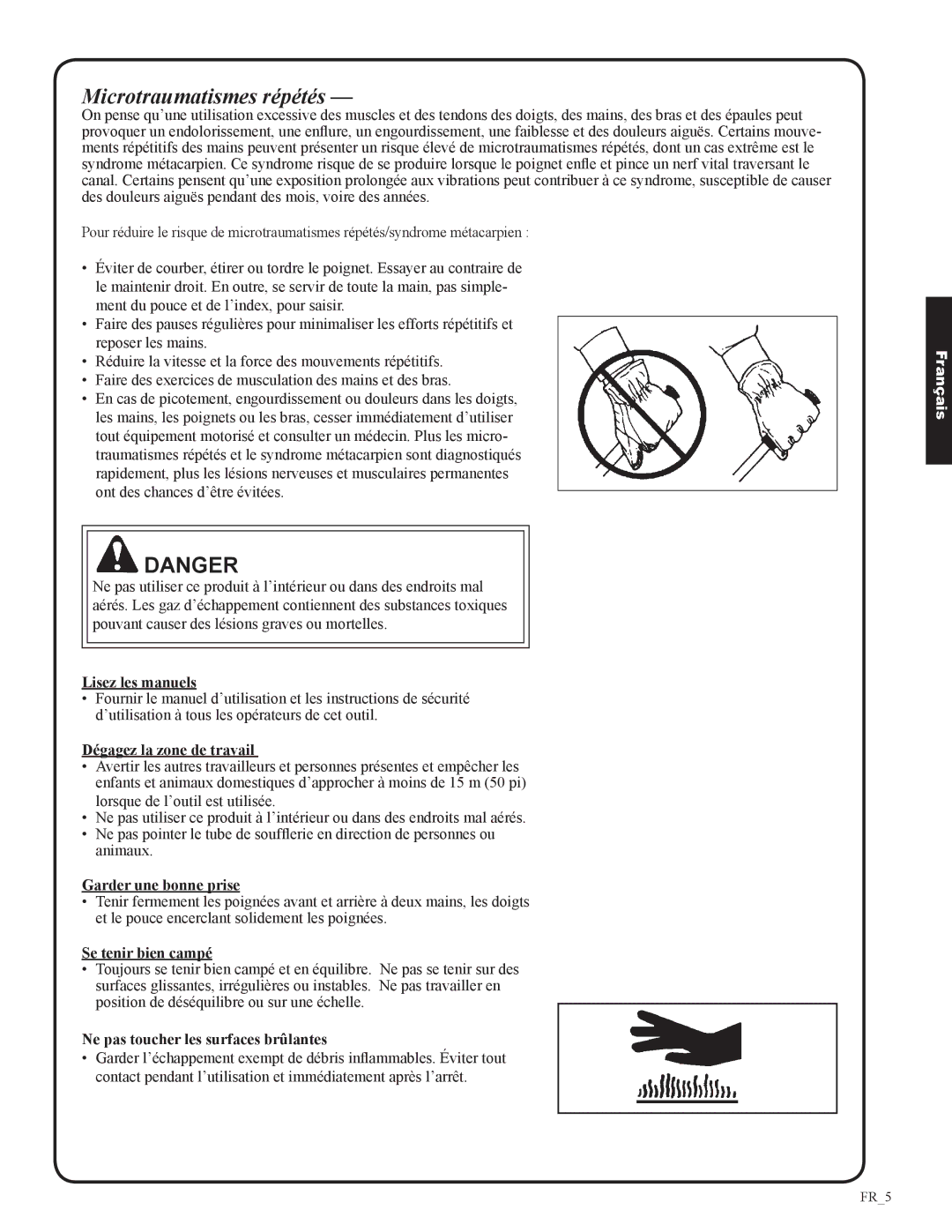 Shindaiwa 82050, EB633RT manual Microtraumatismes répétés, Lisez les manuels 