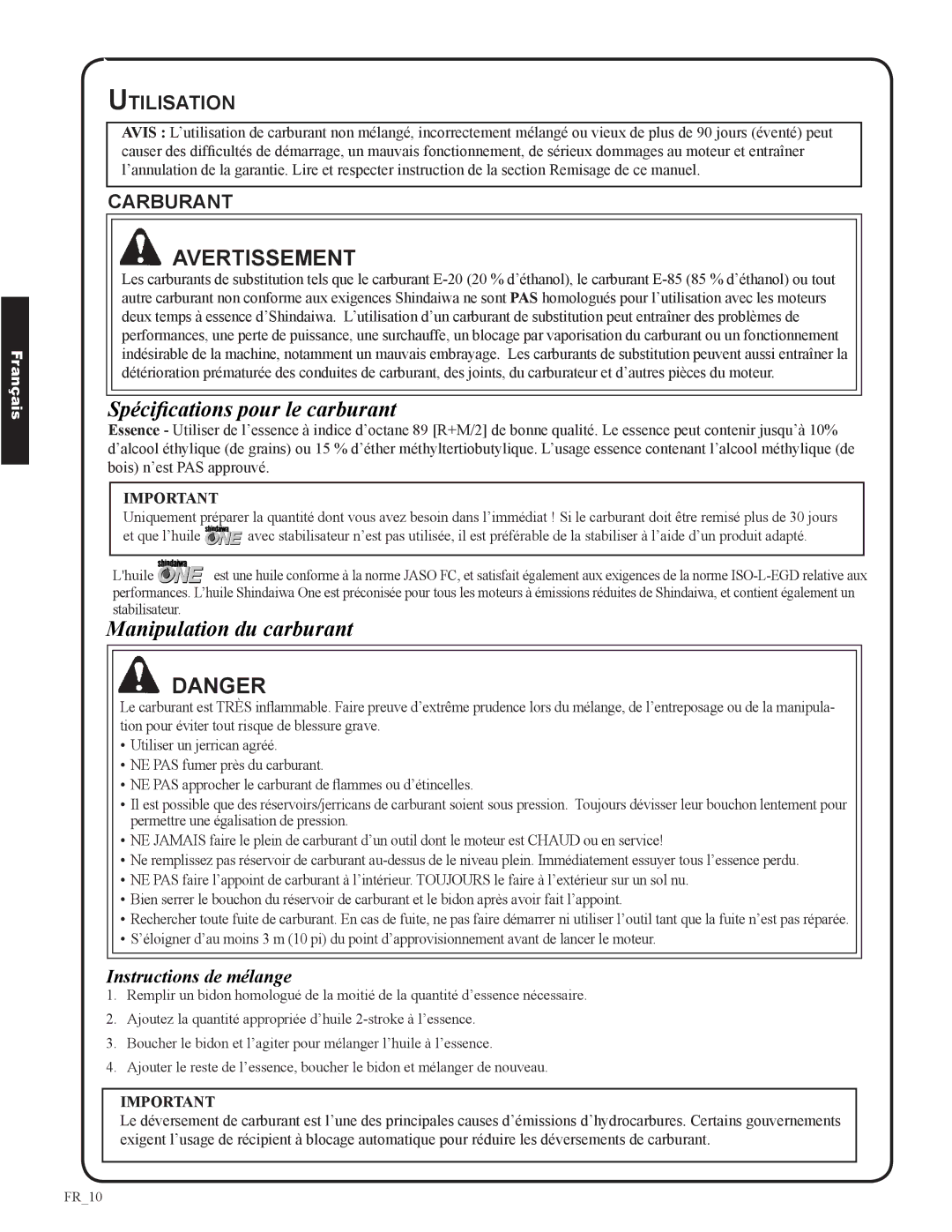 Shindaiwa EB633RT, 82050 manual Spécifications pour le carburant, Manipulation du carburant, Utilisation, Carburant 