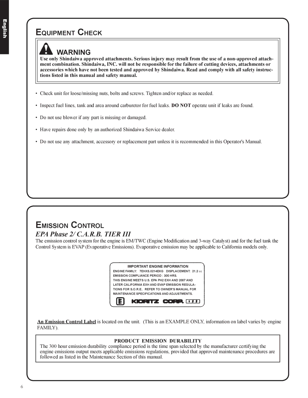 Shindaiwa EB633RT, 82050 manual EPA Phase 2/ C.A.R.B. Tier, Equipment Check, Emission Control, Product Emission Durability 