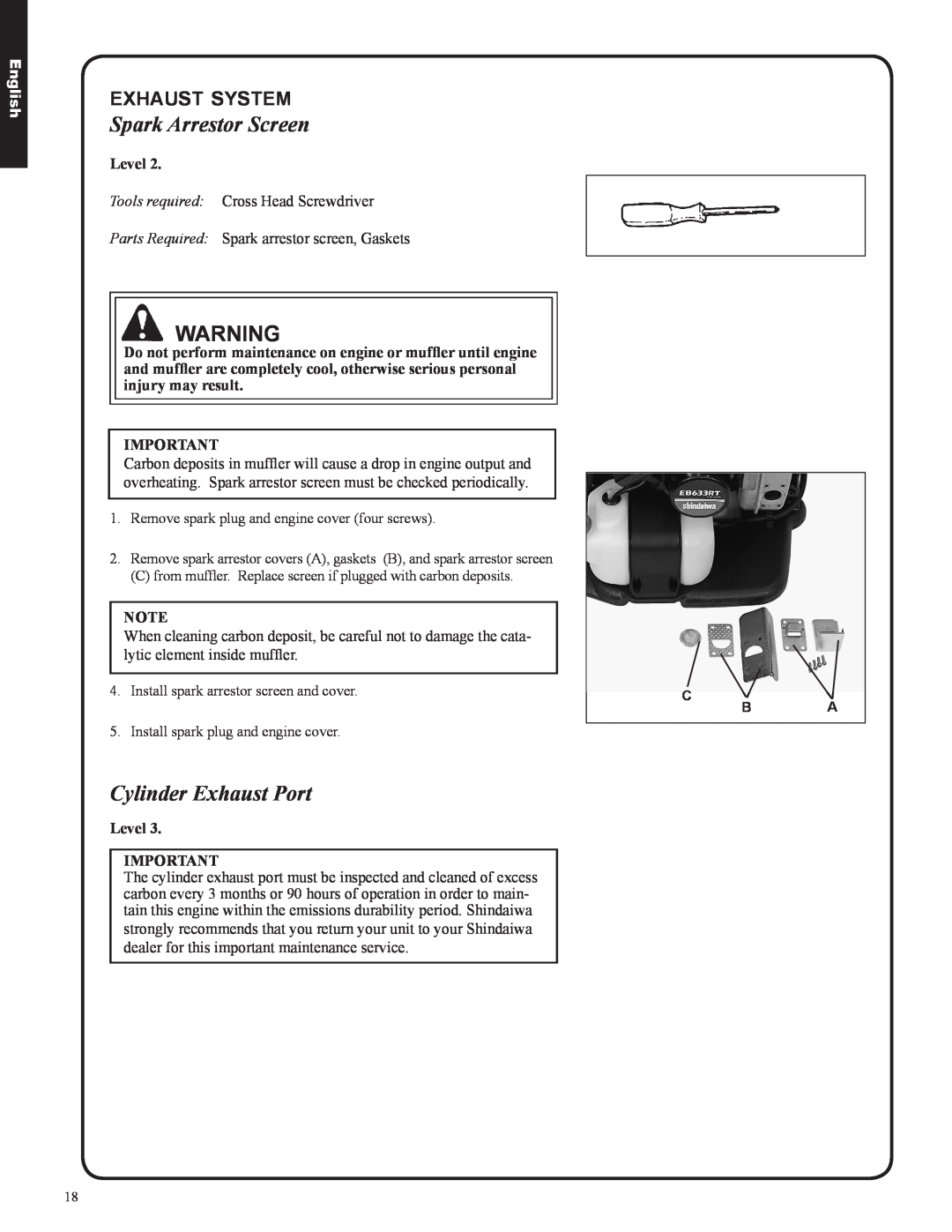 Shindaiwa EB633RT, 82050 manual Spark Arrestor Screen, Cylinder Exhaust Port, exhaust system, English, Level 
