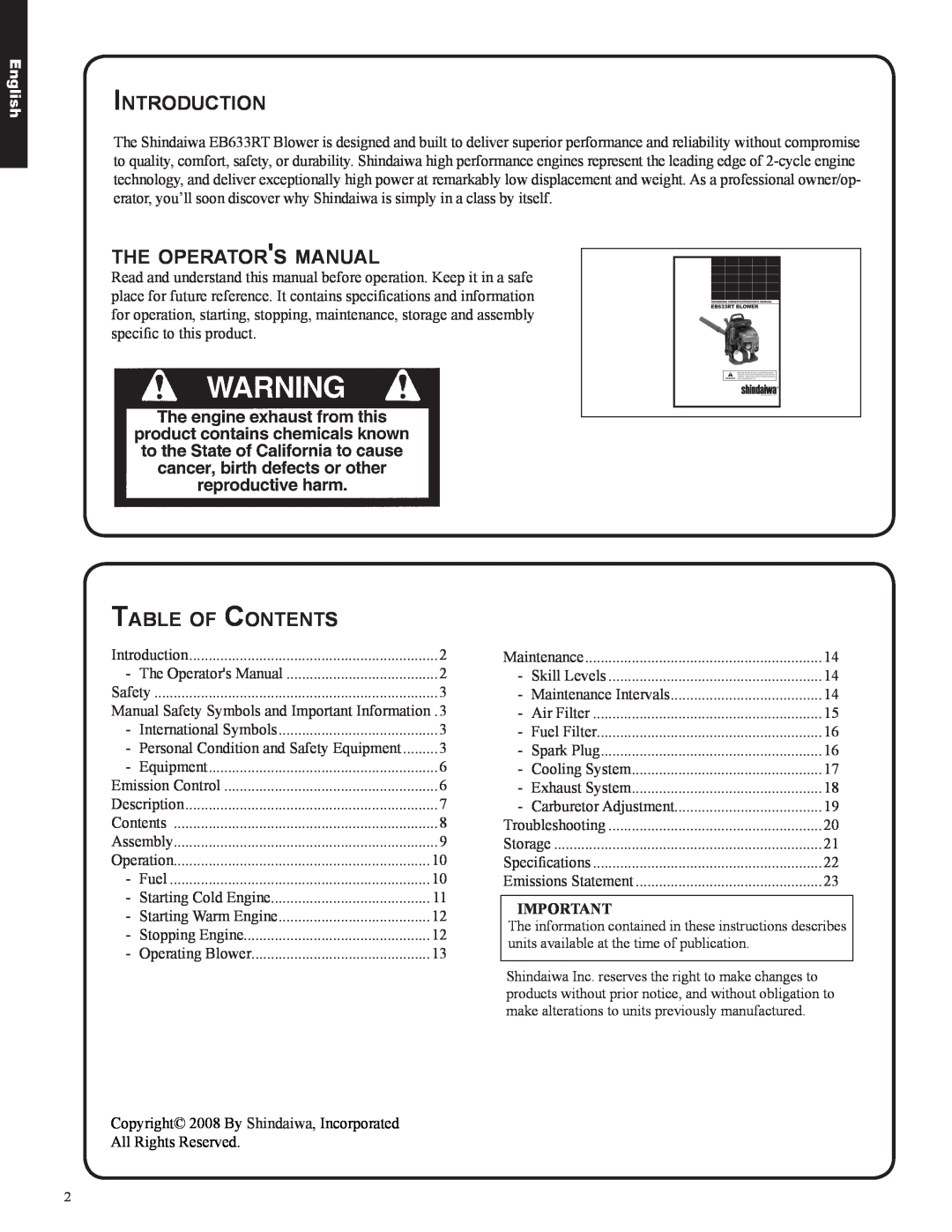 Shindaiwa EB633RT, 82050 Introduction, the operators manual, Table of Contents, English 