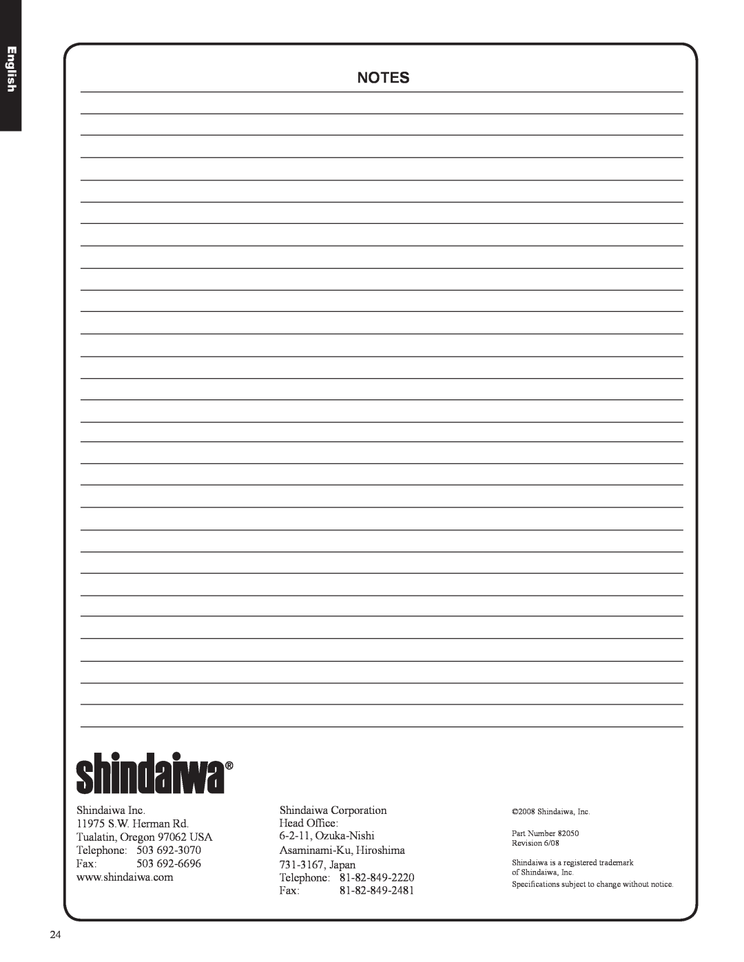 Shindaiwa EB633RT, 82050 manual notes, English 