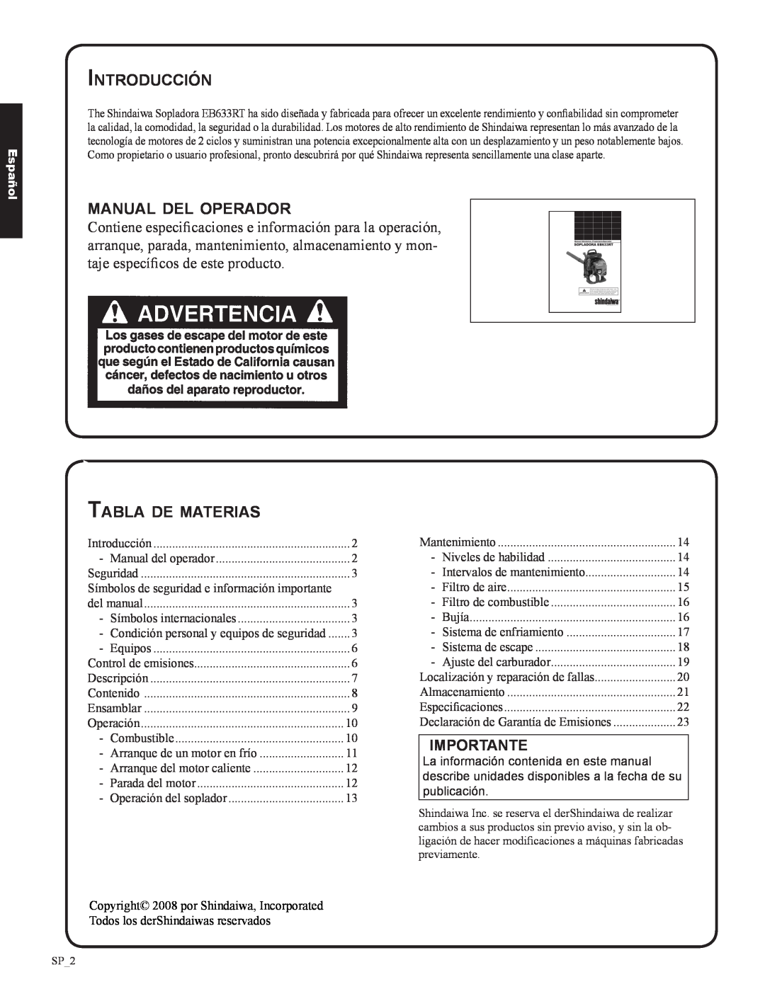 Shindaiwa EB633RT, 82050 Introducción, manual del operador, Tabla de materias, Importante, Español 