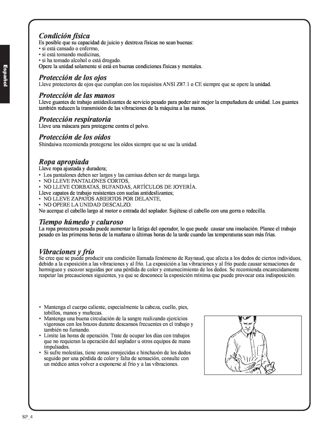 Shindaiwa EB633RT Condición física, Protección de los ojos, Protección de las manos, Protección respiratoria, Español 