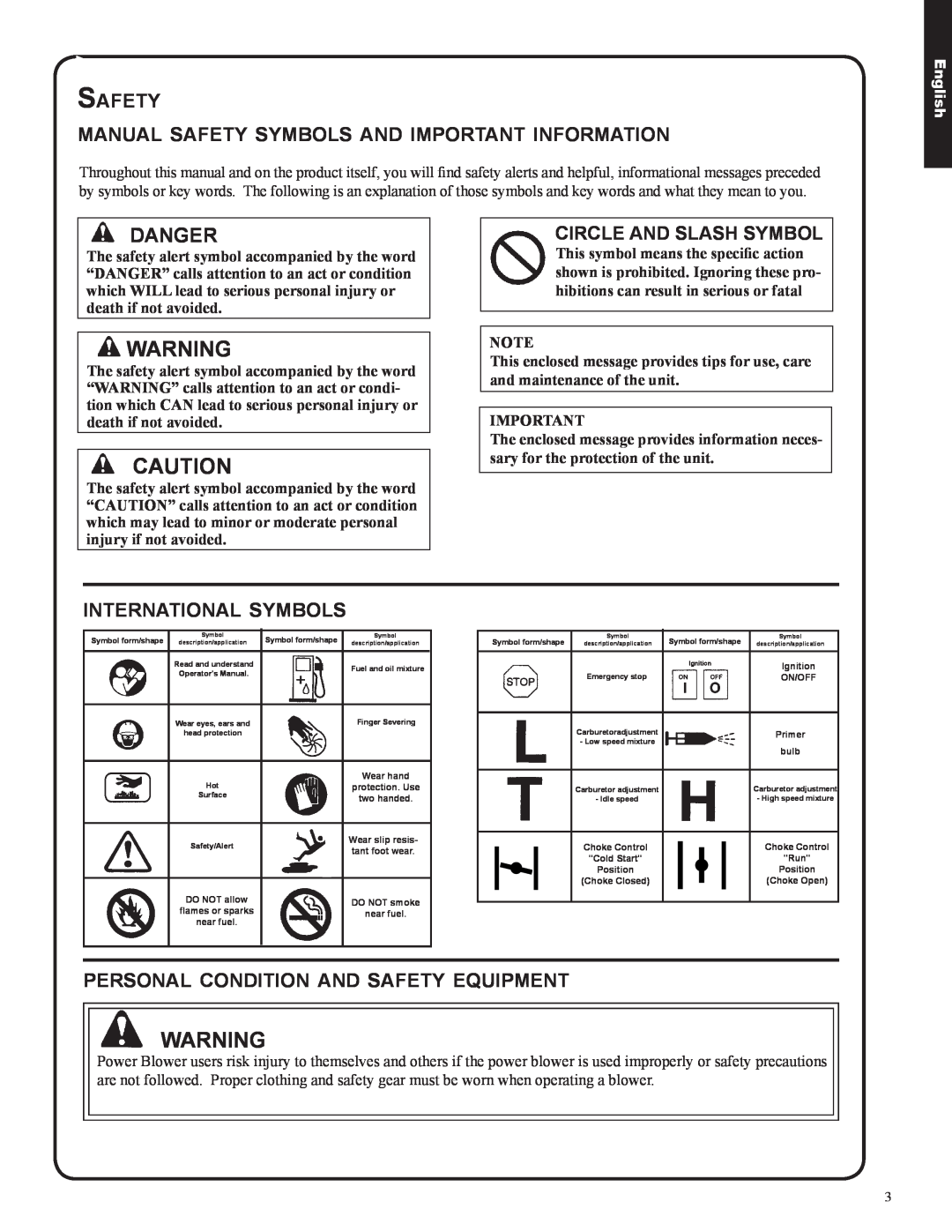 Shindaiwa 82050, EB633RT Safety, manual safety symbols and important information, Danger, international symbols, English 