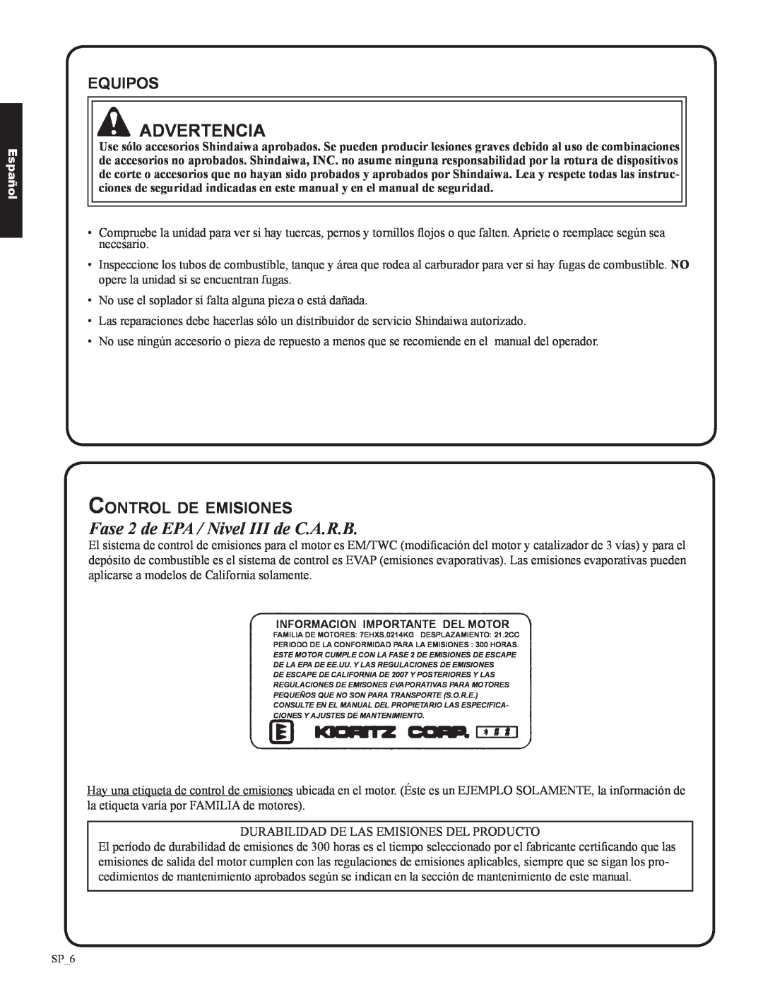 Shindaiwa EB633RT, 82050 manual Fase 2 de EPA / Nivel III de C.A.R.B, equipos, Control de emisiones, Advertencia, Español 