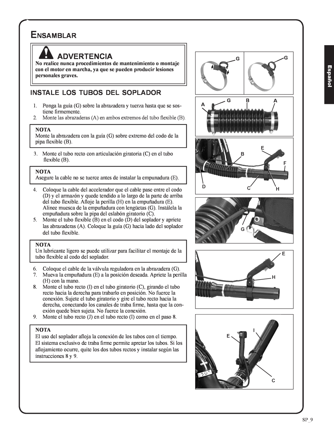 Shindaiwa 82050, EB633RT manual Ensamblar, instale los tubos del soplador, Nota, Advertencia, Español 