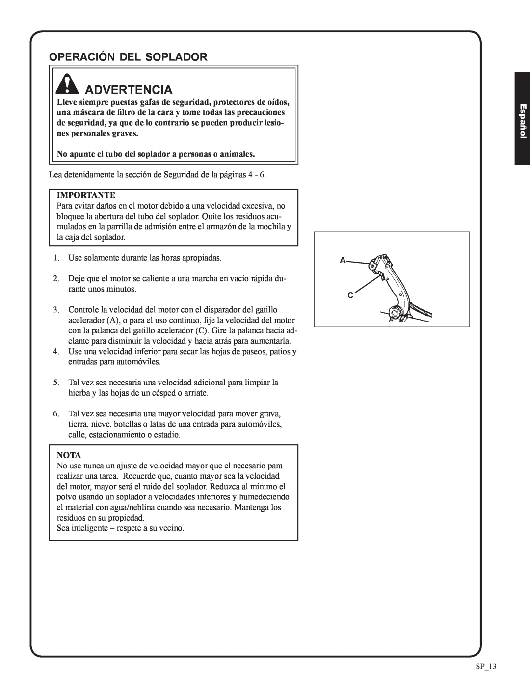 Shindaiwa 82050, EB633RT manual operación del soplador, Advertencia, Importante, Nota, Español 