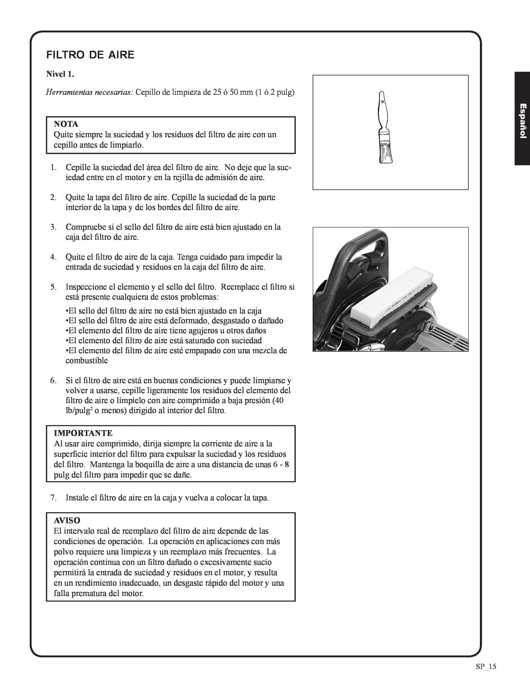 Shindaiwa 82050, EB633RT manual filtro de aire, Nivel, Aviso, Nota, Importante, Español 