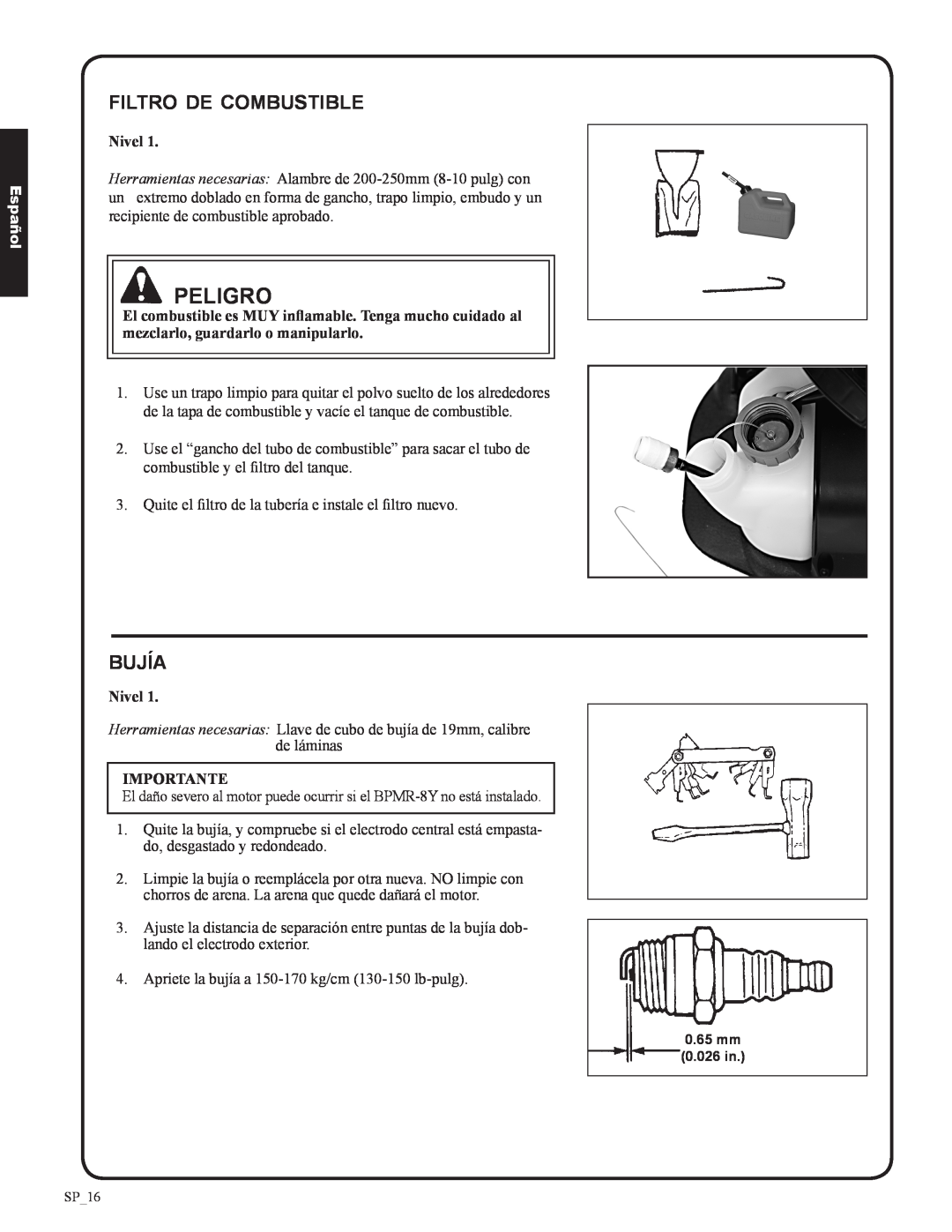 Shindaiwa EB633RT, 82050 manual filtro de combustible, bujía, Peligro, Español, Nivel, Importante 