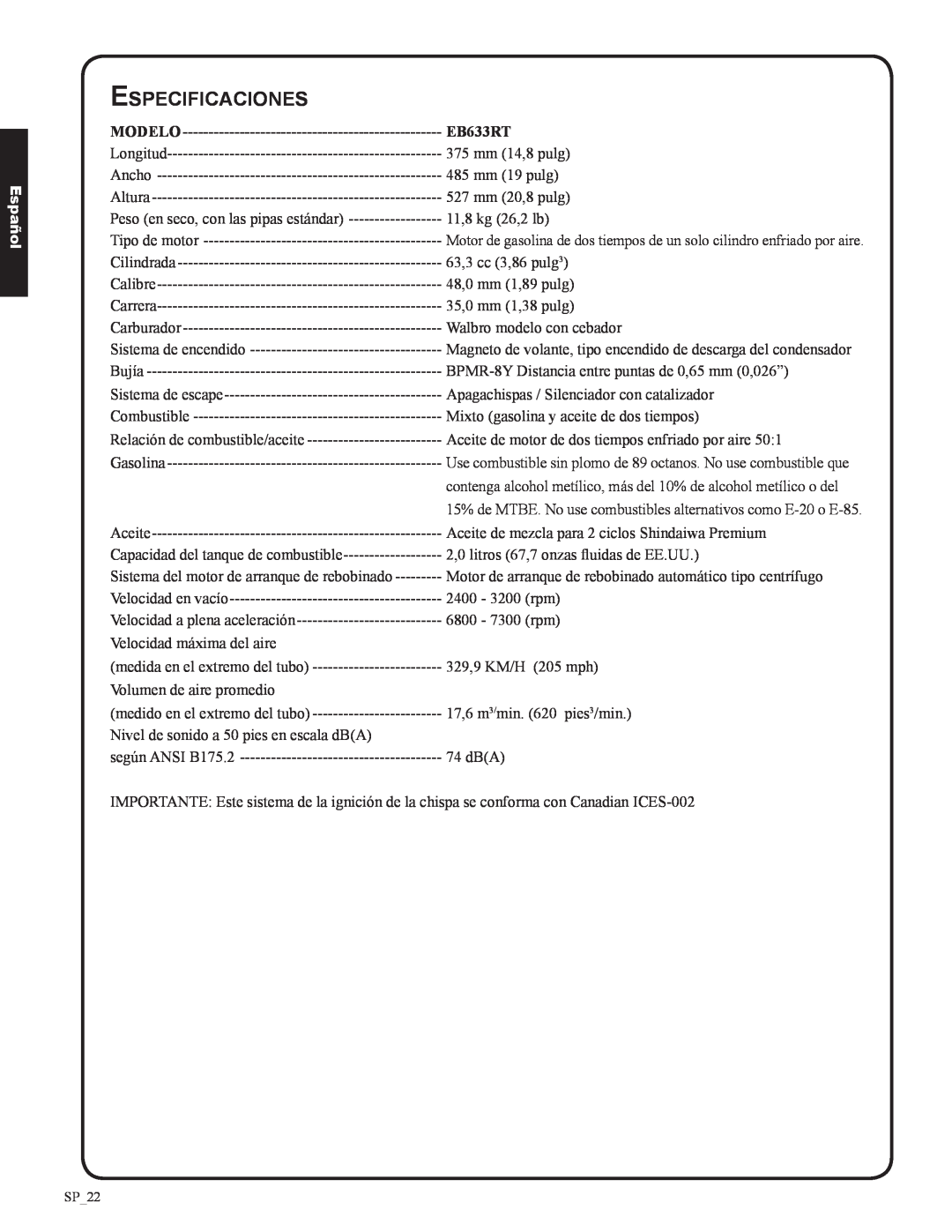 Shindaiwa EB633RT, 82050 manual Especificaciones, Modelo, Español 