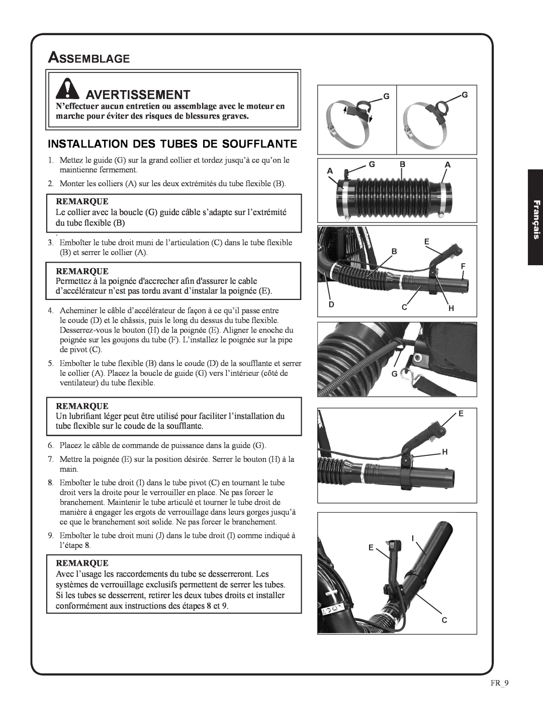 Shindaiwa 82050, EB633RT manual Assemblage, installation des tubes de soufflante, Remarque, Avertissement, Français 
