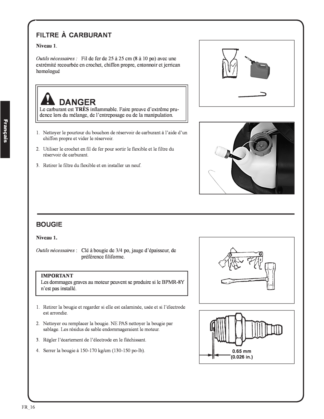 Shindaiwa EB633RT, 82050 manual Danger, filtre à carburant, bougie, Français, Niveau 
