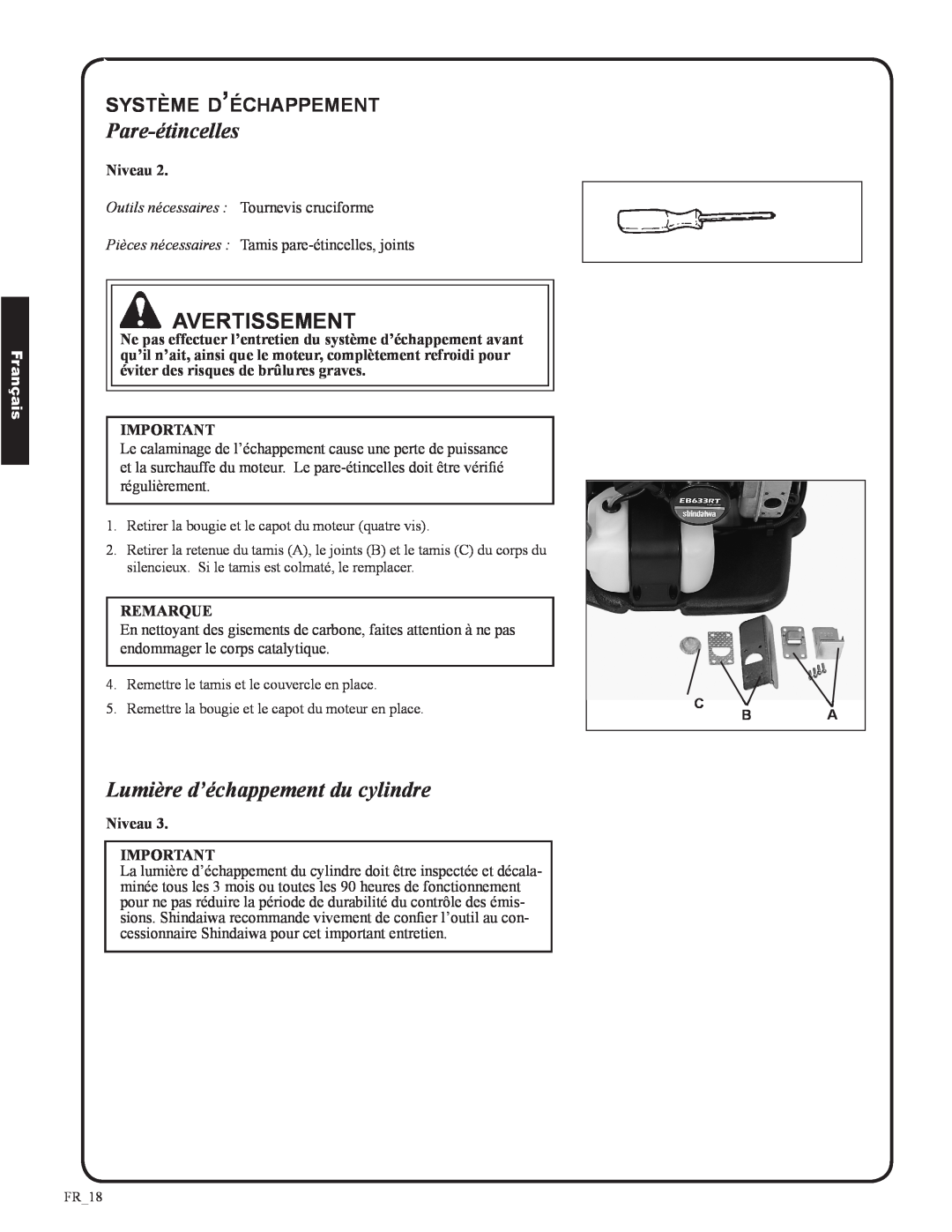 Shindaiwa EB633RT manual Pare-étincelles, Lumière d’échappement du cylindre, système d’échappement, Avertissement, Français 