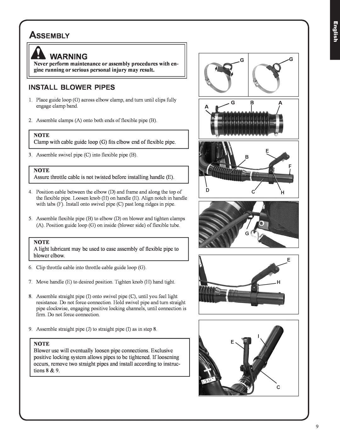 Shindaiwa 82050, EB633RT manual Assembly, install blower pipes, English 