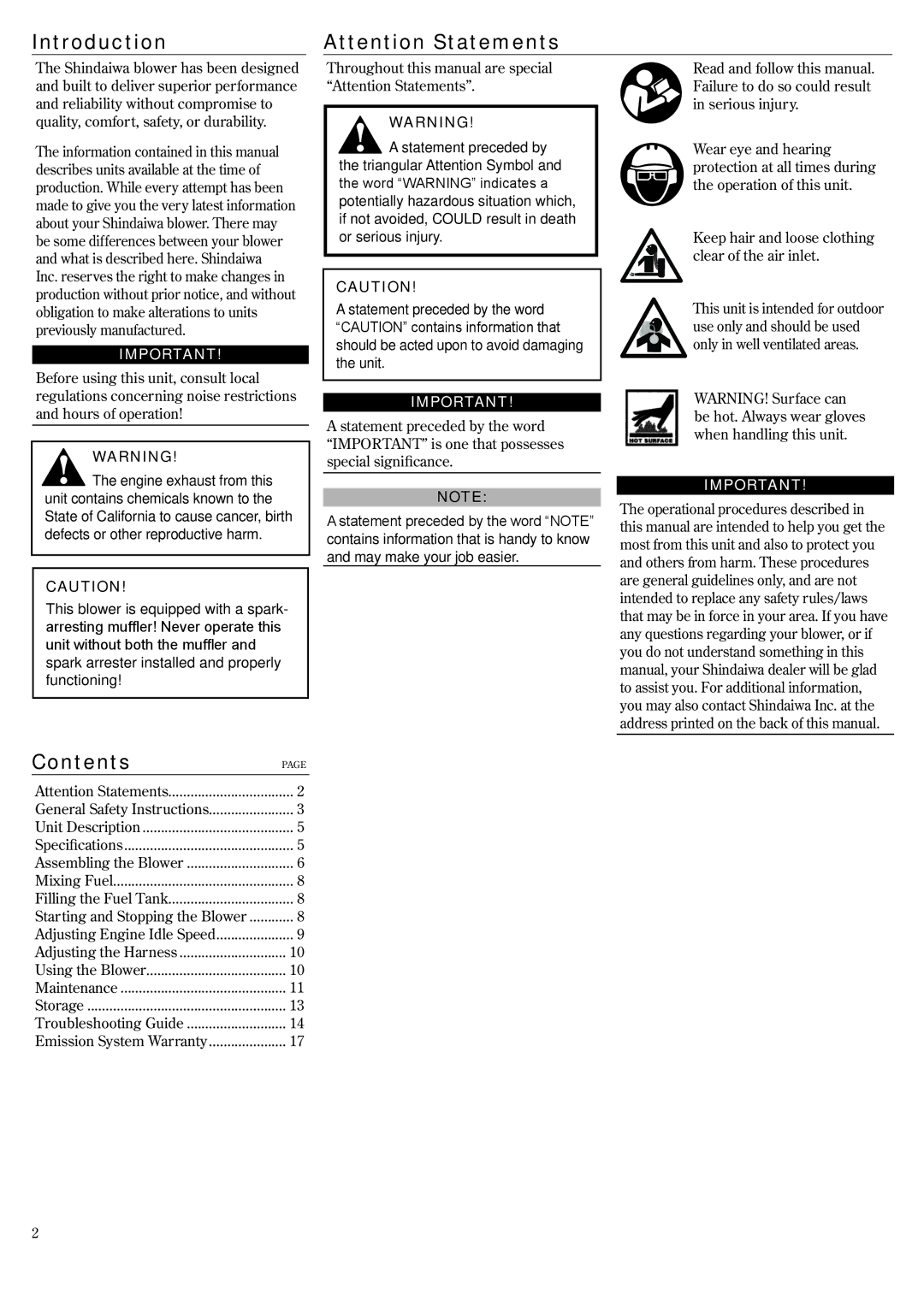 Shindaiwa 68242-94311, EB802RT manual Introduction, Contents 