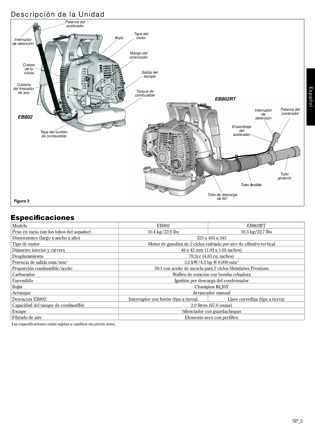 Shindaiwa EB802RT, 68242-94311 manual Descripción de la Unidad, Especificaciones 