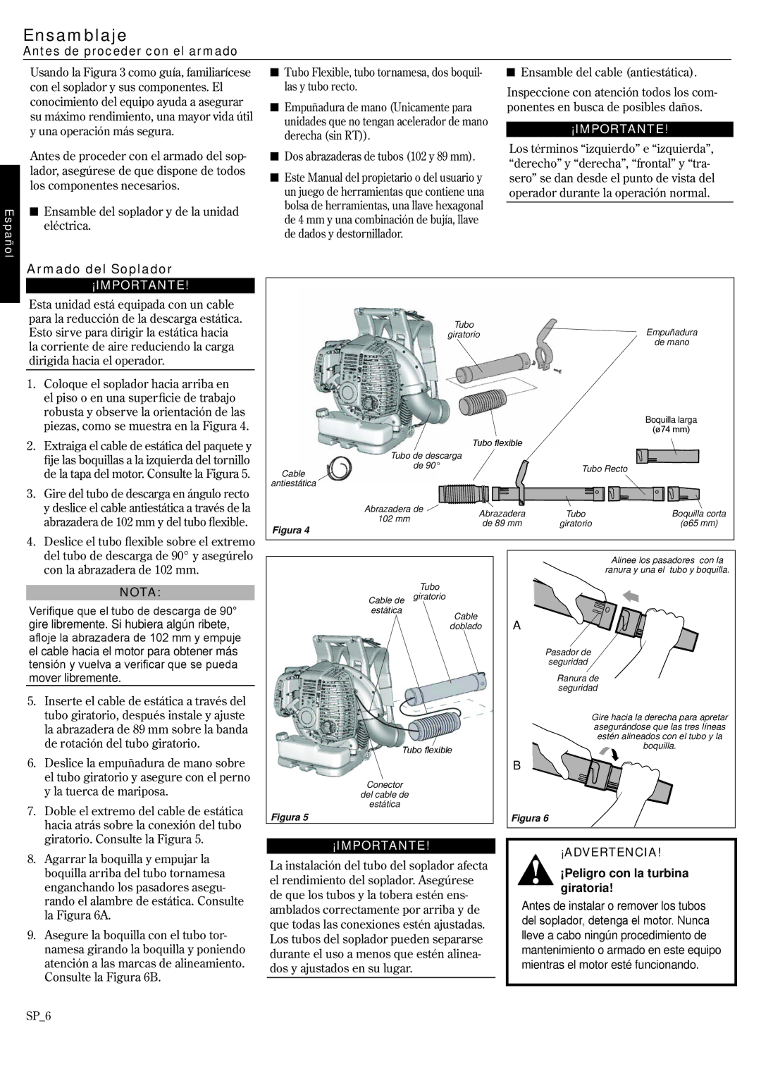 Shindaiwa 68242-94311 Ensamblaje, Antes de proceder con el armado, Armado del Soplador, ¡Peligro con la turbina giratoria 