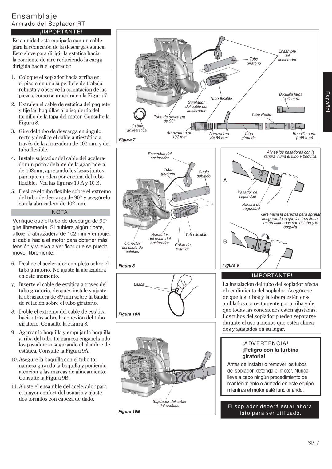 Shindaiwa EB802RT, 68242-94311 manual Armado del Soplador RT, ¡ADVERTENCIA! ¡Peligro con la turbina giratoria 