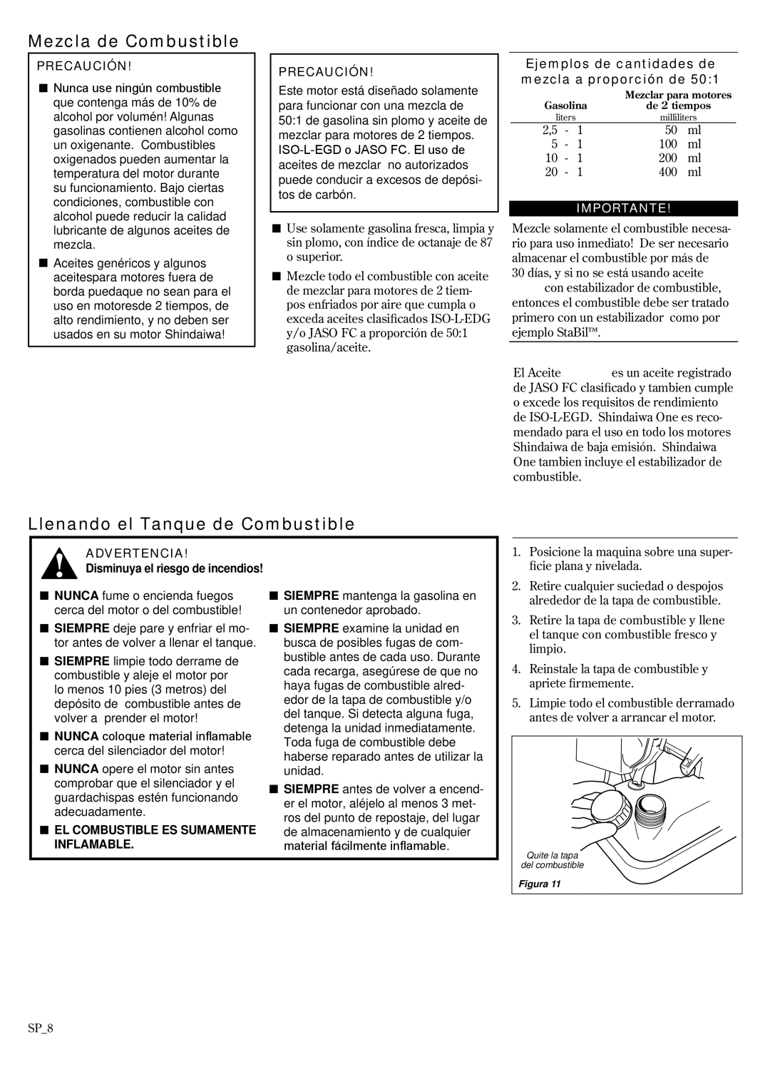 Shindaiwa EB802RT, 68242-94311 manual Mezcla de Combustible, Llenando el Tanque de Combustible, Precaución, Advertencia 