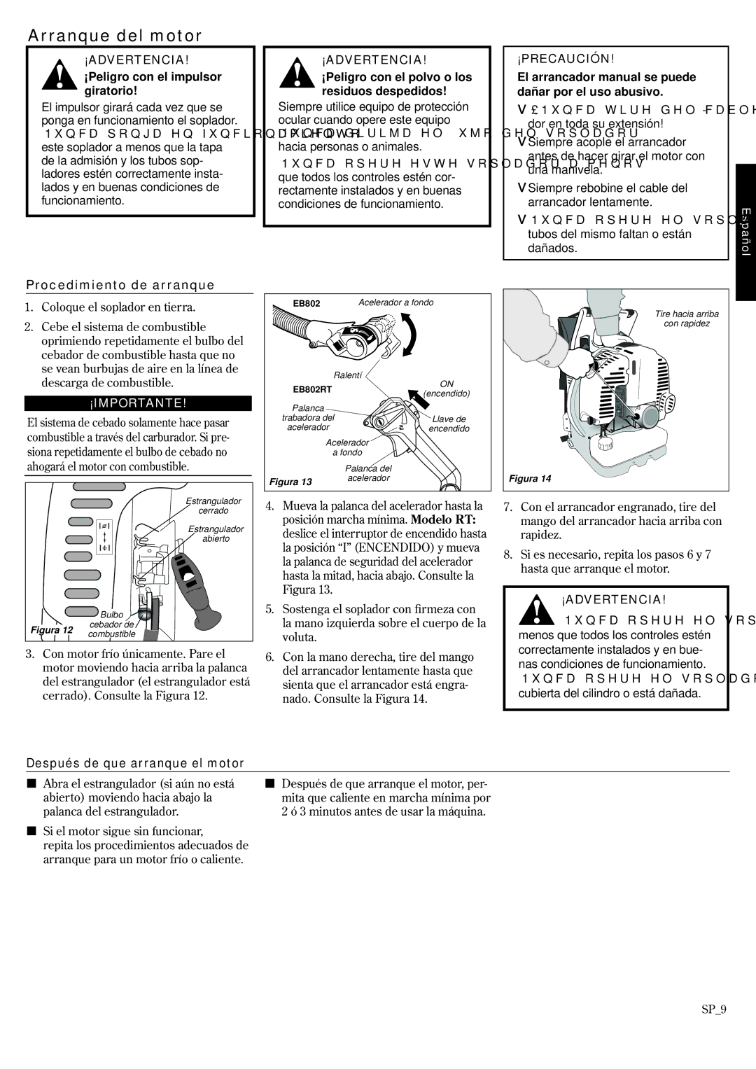 Shindaiwa 68242-94311, EB802RT manual Arranque del motor, ¡Peligro con el impulsor giratorio, Procedimiento de arranque 