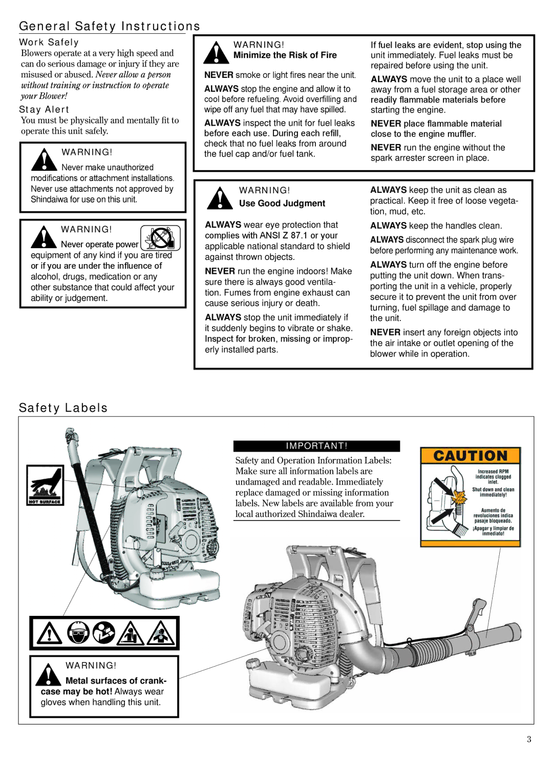 Shindaiwa EB802RT, 68242-94311 manual General Safety Instructions, Safety Labels 