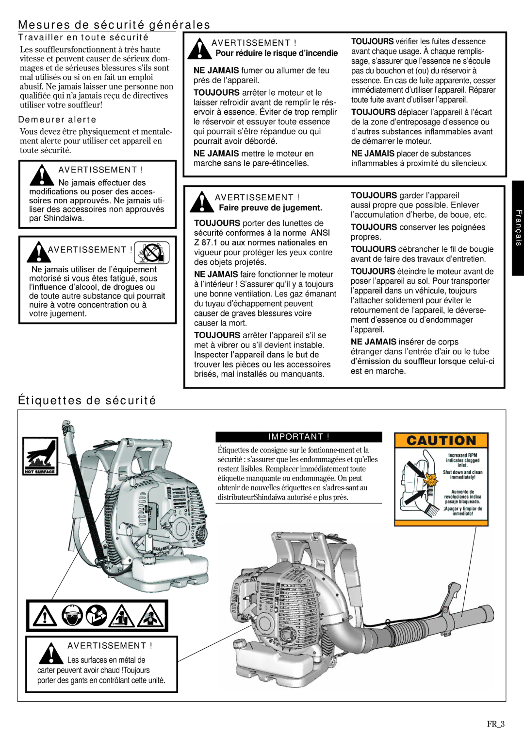 Shindaiwa EB802RT, 68242-94311 manual Mesures de sécurité générales, Étiquettes de sécurité 