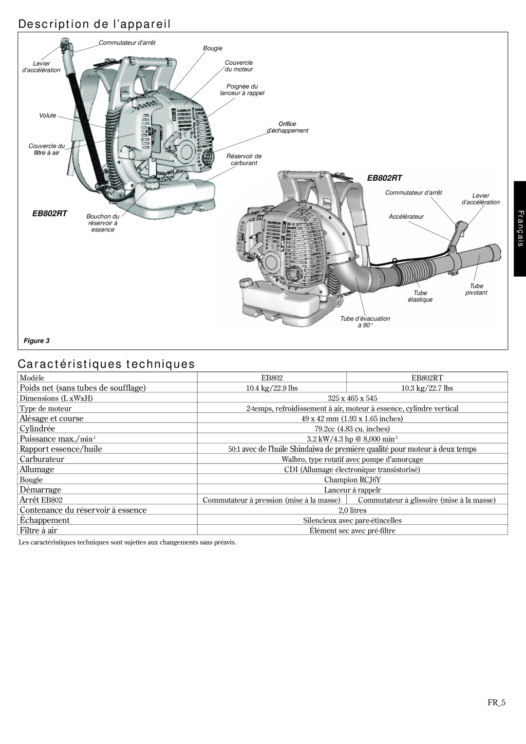 Shindaiwa EB802RT, 68242-94311 manual Description de l’appareil, Caractéristiques techniques 